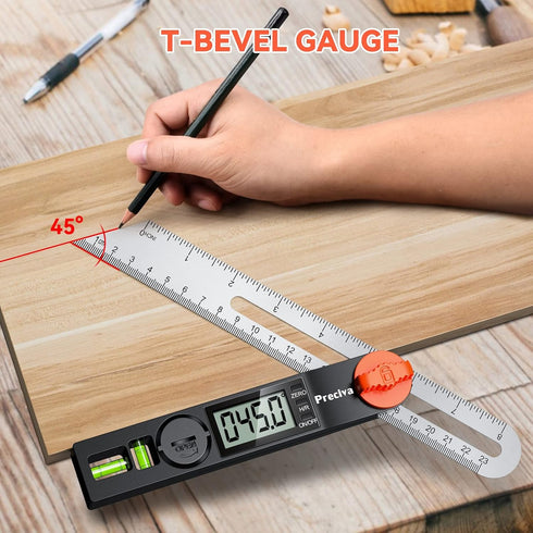 Preciva T-Bevel Gauge & Protractor with Horizontal and Vertical Bubble,0-338° Digital Angle Finder Protractor 230mm/8inch Display for Carpentry Wo...