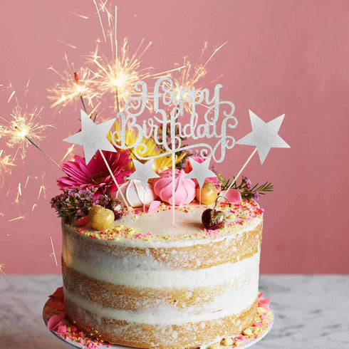 Allazone 1 PCS 'HAPPY BIRTHDAY' Cake Topper & 7 PCS Pentacle Stars Cake Toppers Decoration - Silver...
