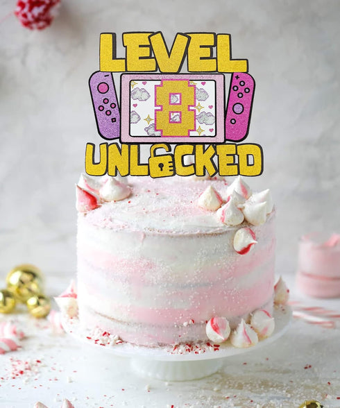 Girls Level 8 Unlocked Cake Topper, Glitter Girls Gaming 8th Birthday Cake Topper, Video Game Theme Party Decoration, Girl Gamer Birthday Favor...
