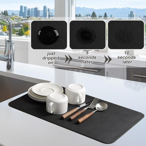 Coffee Mat Black Large Dish Drying Mat for Kitchen Counter, Hide Stain Absorbent Coffee Bar Mat Spill Mat, Coffee Maker Station Pot Mat for Counte...