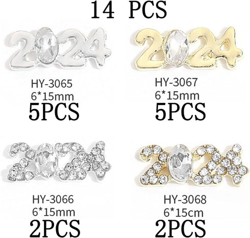 2024 Nail Art Decorations 2024 Number Nail Rhinestone Rivet 3D Alloy Nail Glitter Design Metal Digit Nail Diamond Supplies for Women Girls Manicur...