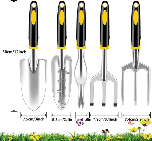 FEBSNOW Garden Tool Set - 5 Pieces Heavy Duty Gardening Hand Tools Kit Include Garden Trowel, Garden Rake, Spade Shovel, Weeder, Cultivator for Me...