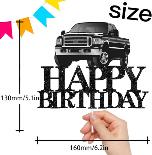 Pickup Truck Cake Topper Happy Birthday Theme Black Glitter Decor Picks for Kids Adult Birthday Party Decorations Supplies...