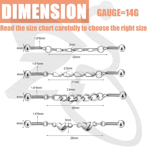 ZS 4Pcs 14G Chain Industrial Barbell Earring, 316L Surgical Steel Chain Cartilage Helix Stud Earrings, Industrial Bar Piercing Jewelry for Women M...