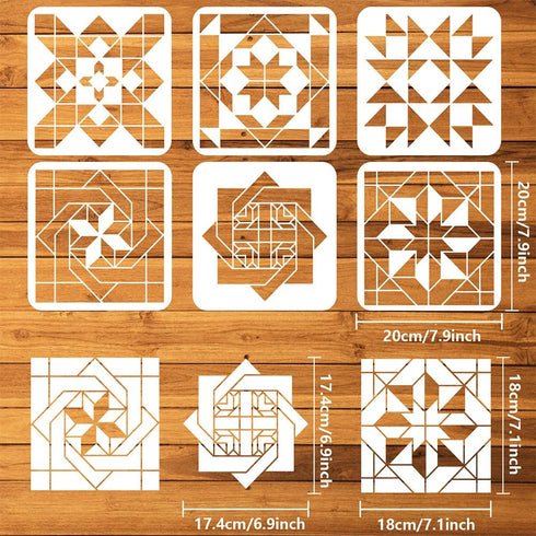 FINGERINSPIRE 6 Pcs Sunshine Barn Quilt Stencil 7.87x7.87 inch Kaleidoscope Quilt Block Painting Stencil Plastic Geometric Patterns Stencil Reusab...