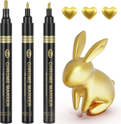 Liquid Mirror Chrome Markers - 3Pcs Gold Waterproof Reflective Gloss Metallic Markers for Repairing, Resin Supplies, Model Painting, Marking or DI...