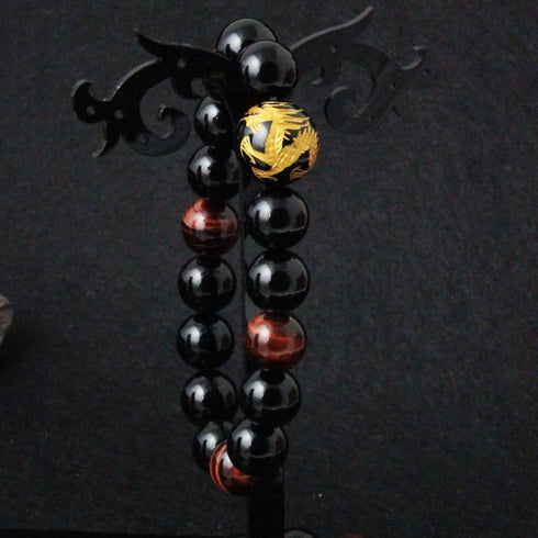 Men's 12mm Tiger Eye Agate Bead Bracelet (Golden Color) Dragon King Pattern Stretch Bracelet Length: 7.6"...