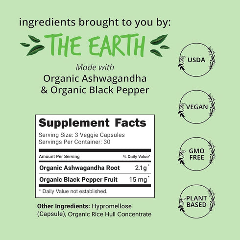 Organic Ashwagandha Capsules 2100mg – Stress Relief Supplement - Extra Strength - 100% Herbal, USDA Organic Ashwagandha Root Powder Extract w/ Bla...