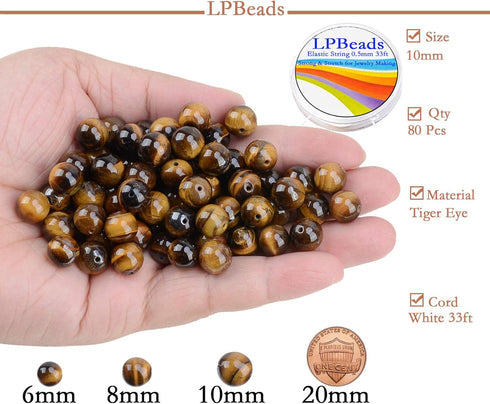 LPBeads 80Pcs Polished 10mm Round Natural Yellow Tiger Eye Gemstone Loose Beads with Stretch Cord for Jewelry Making Bracelets...