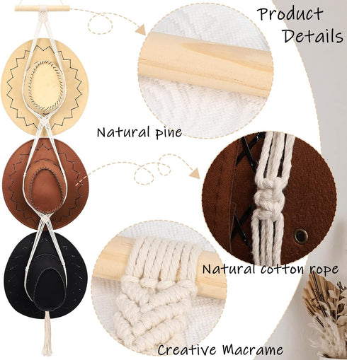 ZYP Macrame Hat Hangers Boho Hat Rack for Wall Hat Holder Display Organizer Bobo Hanging Hat Organizer Storage for Wide Brim Hats...