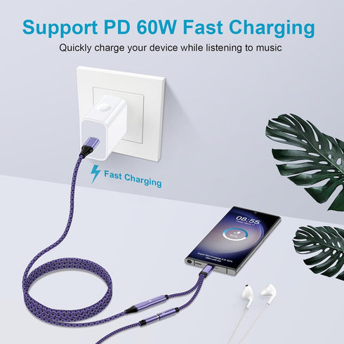 USB C to 3.5mm Headphone and Charger Adapter, 2 in 1 USB C to Aux Audio Jack Adapter Fast Charging Dongle Cable Cord for Samsung Galaxy A55/A35/S2...