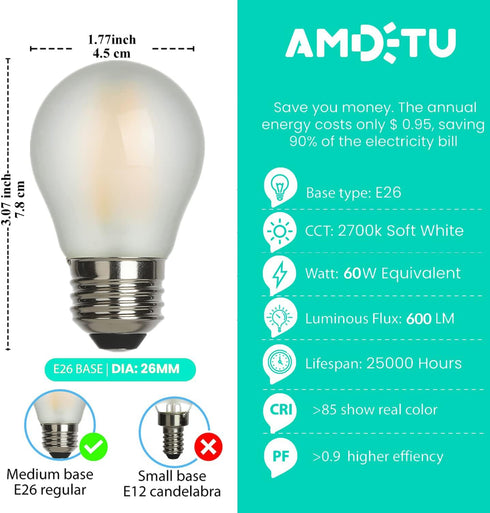 AMDTU E26 Globe Light Bulbs, Frosted G16.5 Edison Light Bulb Led 60 watt 600lm 2700k Soft White,Dimmable Vintage Warm Chandelier Light Bulbs for B...