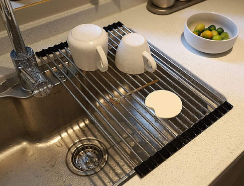 Roll up Dish Drying Rack Over The Sink Portable Stainless Still Rolling Rack Folding Mat for Kitchen Counter (Black, 17.7''LX11.2''W)...