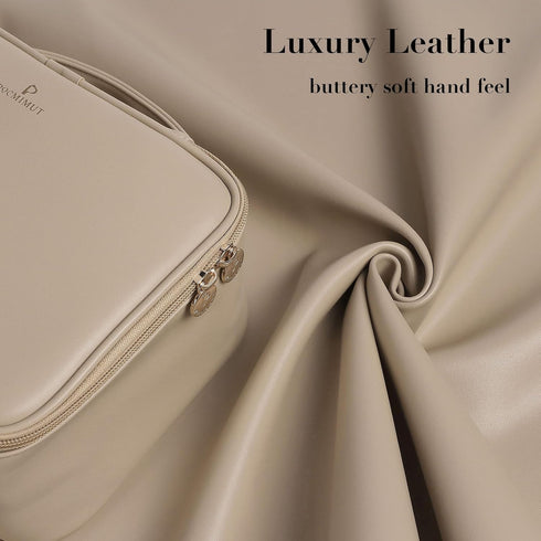 Pocmimut Travel Makeup Bag - Leather Make Up Bags Cosmetic Bags for Women, Large Makeup Organizer Bag with Brush Holder, Makeup Traveling Bag for ...