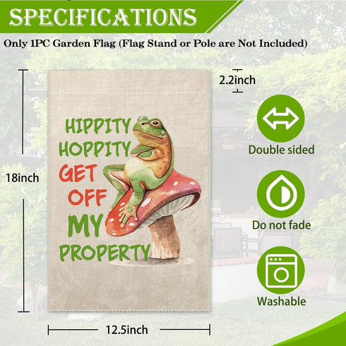 Hippity Hoppity Get Off My Property Welcome Garden Flag, Funny Frog Outdoor Farmhouse Decoration 12x18 Inch Waterproof Double Sided Printing, No T...