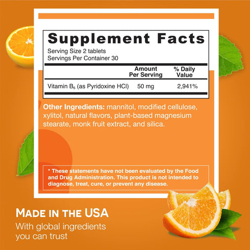 EZ Melts Dissolvable Vitamin B6 50 mg, Sugar-Free, 1-Month Supply...