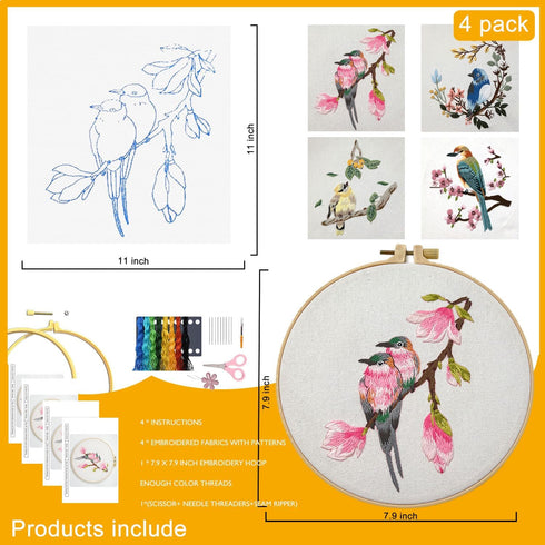 Generic 4 Sets Embroidery Kit for Beginners Adults Cross Stitch Starter Kits DIY Embroidery Kits with Patterns and Instructions Hoops Needles Thre...