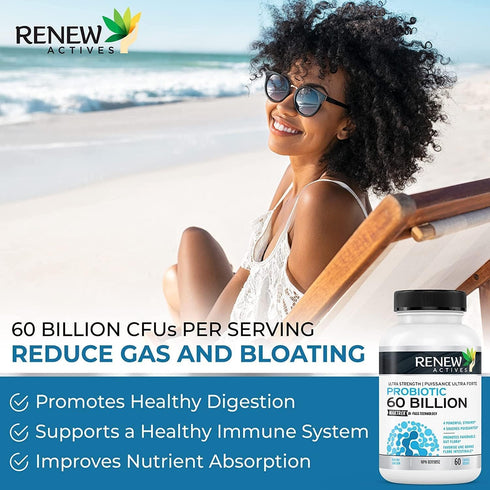 Renew Actives New Probiotics 60 Billion CFU with MAKTREK Bi-Pass Technology, Probiotics Made to Survive Stomach Acid with Advanced Absorption for ...