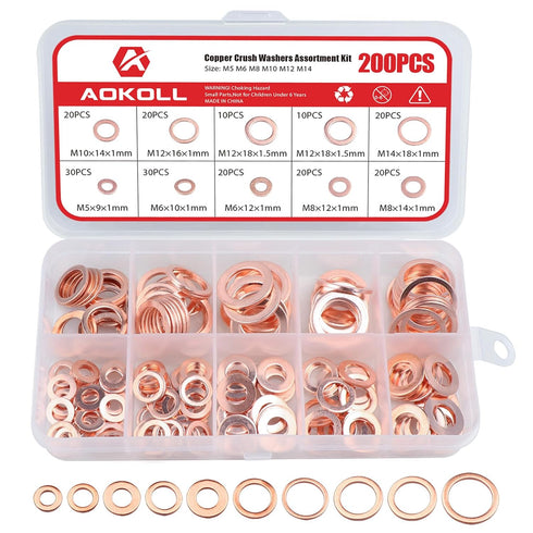200pcs Copper Washers Sealing Crush Drain Plug Washer Assortment Kit Metric M5 M6 M8 M10 M12 M14 (Copper)...
