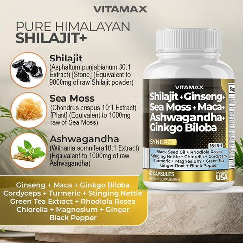 Pure Himalayan Shilajit Supplement 10,000mg Ashwagandha 6,000mg Sea Moss 2,000mg Rhodiola Rosea 1000MG Gingko Biloba 500mg Trace Mineral Capsules ...