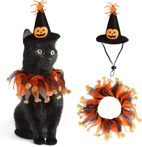 Cat Witch Halloween Costume Suit, Hmxpls Small Dogs & Cats Tutu Collar and Witch Pumpkin Hat Cute Costume Suit Kitten Outfit Clothing for Birthday...