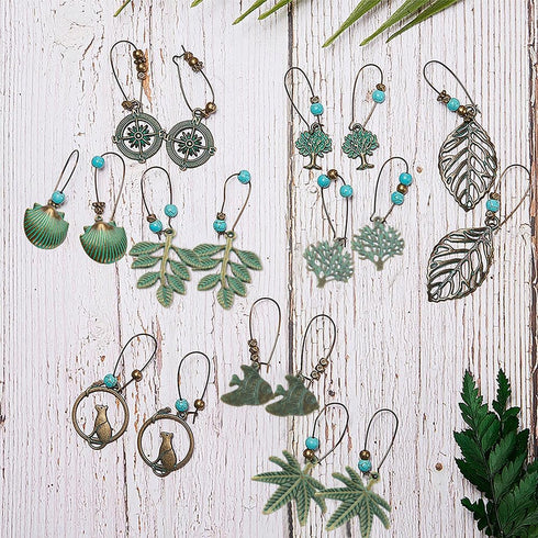SUNNYCLUE 1 Box DIY 9 Pairs Metal Hollow Bohemian Vintage Dangle Earrings Jewelry Making Starter Kit Alloy Green Patina Tree Leaf Coin Sea Horse C...