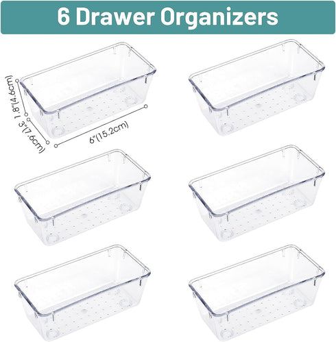 WOWBOX 6 PCS Clear Plastic Drawer Organizer Set, Desk Drawer Divider Organizers and Storage Bins for Makeup, Jewelry, Gadgets for Kitchen, Bedroom...