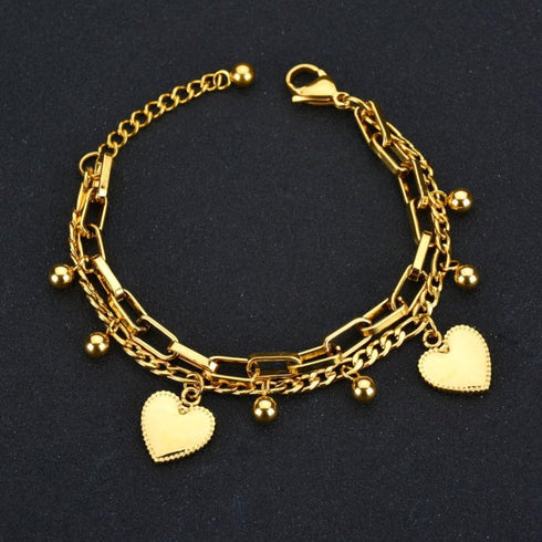 LUREME 18K Gold Stainless Steel Multi Chains Bracelet with Ball and Heart Charms for Women...