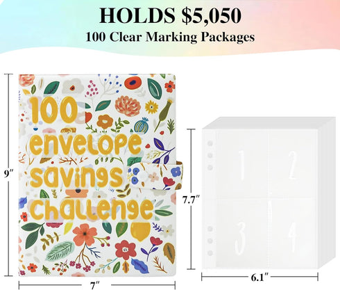 Vienrose 100 Expense Envelopes Money Saving Binder, Cash Challenge Binder for Saving $5,050, Budget Book Planner with Expense Pouches (Wildflowers...