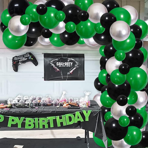 Green Black Silver Balloon Garland Arch Kit, Green Black Balloons Metallic Silver Balloons Video Game Birthday Decorations for Football Video Game...