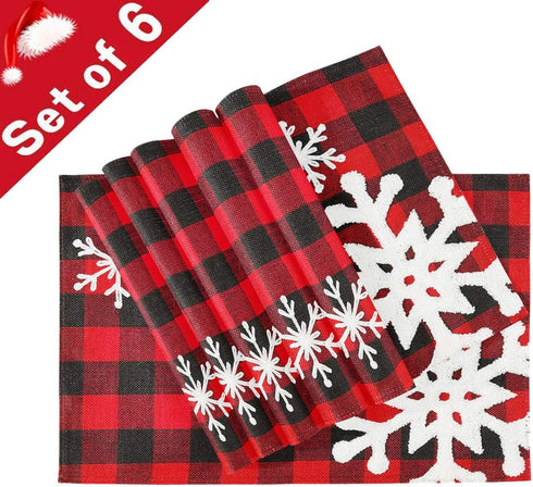 Christmas Red Plaid Snow Snowflake Placemats Set of 6 Table Mat, Red Black Lattice Texture Table mats Placemats Heat-resistant Stain Resistant Was...