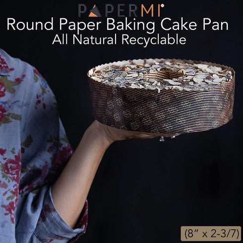 Round Paper Cake Pans – 12pcs, 8” x 2.4”, 35oz – Oven, Microwave & Freezer Safe Panettone Paper Mold With Hole – Non Stick, Disposable & Presentab...