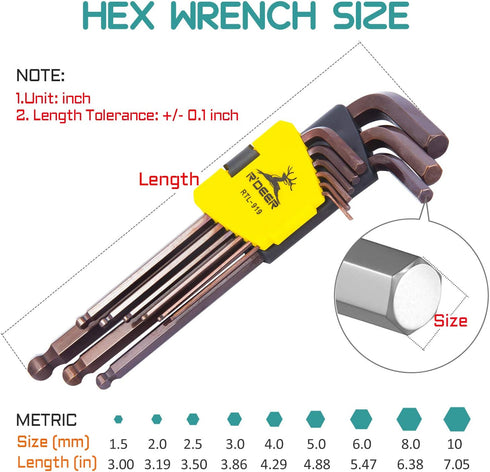 R'DEER 9 Piece Long Arm Ball End Metric Hex Key Set Industrial Level S2 Alloy Steel L-Shape Allen Wrench Kit Hand Tool (Sizes 1.5-10 mm)...
