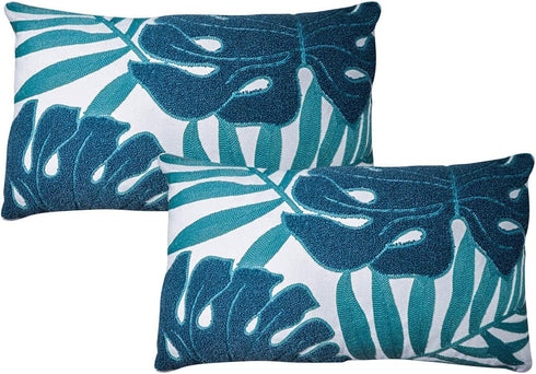 Set of 2, Cotton Embroidery Tropical Leaf Palm Pattern Throw Pillow Covers, Woven Comfy Decorative Pillows Covers Cushion Case for Couch Sofa Bedr...