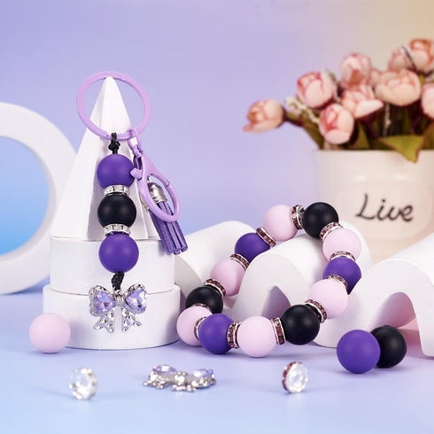 Magibeads 30Pcs 15mm Black and Purple Round Silicone Focal Beads Keychain Making Kit with Bowknot Rhinestone Spacer Beads for Crafts DIY Beadable ...