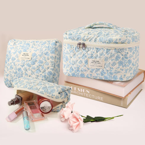 3 Pcs Cotton Quilted Makeup Bag Set, Floral Cotton Cosmetic Bag, Aesthetic Toiletry Travel Organizer Bag for Women...