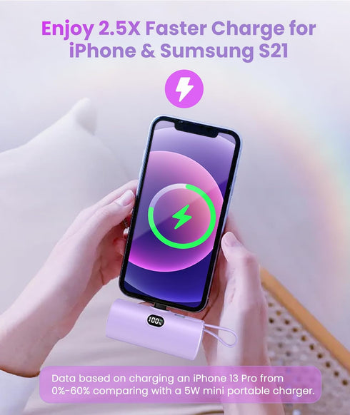 Mini Portable Charger for iPhone 15/14 Pro Max Builtin USB C Cable Power Bank Battery Pack Digital Display for iPhone/Samsung Galaxy Z Flip5/4/And...