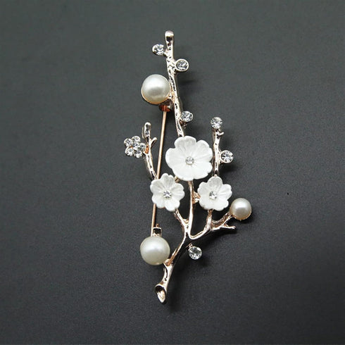 Elegant Crystal Plum Blossom Brooch Women Alloy Pearl Bouquet Corsage Pins Coat Jewelry(Gold)...