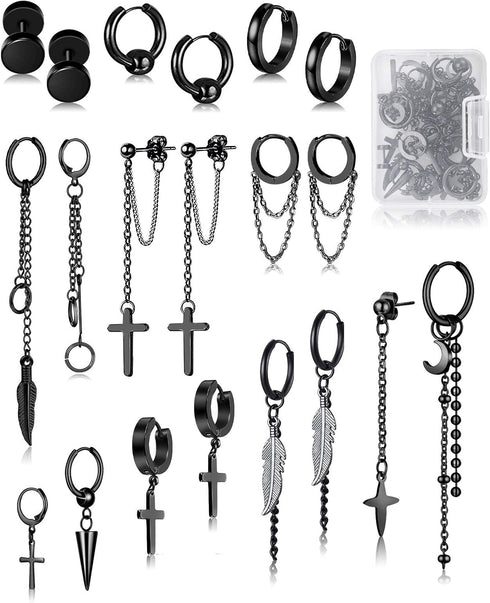FIFATA 20 Pieces Men Earrings Set - Black Stainless Steel Chain Hoop Earrings Cross Moon and Star Dangle Earrings Piercing Jewelry for Men Women...