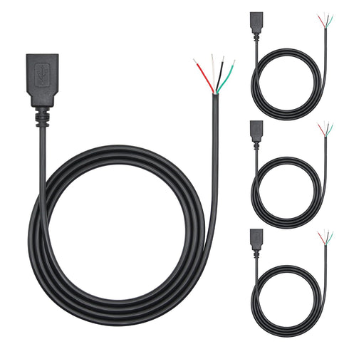 4Pcs USB A Female 4Pin Bare Wire 1M/3FT, 5V/2A USB 4 Pin Pigtail Open End Power Data Cable, Tail Tinning, for USB Equipment Installed or Replaceme...