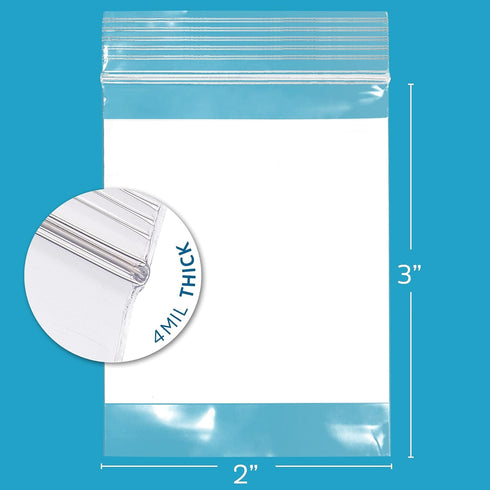 GPI - 2" x 3" - Bulk Pack of 100, 4 Mil Thick, Heavy Duty, Clear Plastic Reclosable Zip Bags, with Write-on White Block for Labeling, Strong & Dur...