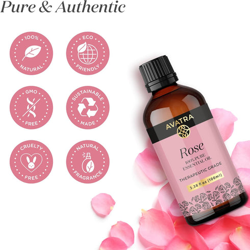 Avatra Rose Essential Oil for Diffuser, Perfume, Skin, Hair, Aromatherapy | Pure & Natural Essential Oil for Massage, Bath, Soap, Candles | Premiu...