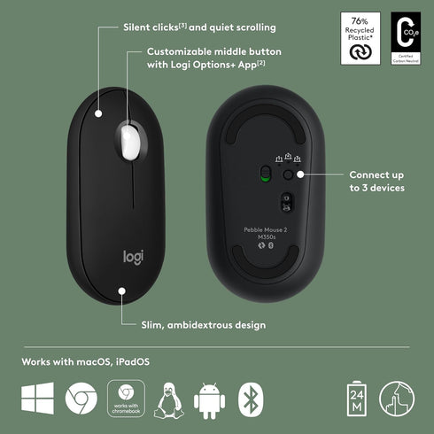 Logitech Pebble Mouse 2 M350s Slim Bluetooth Wireless Mouse, Portable, Lightweight, Customizable Button, Quiet Clicks, Easy-Switch for Windows, ma...