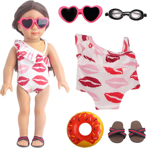 18 Inch Doll Swim Accessories Set, Passionate Doll Beach Sunbathing Playset for American doll Girls, includes Doll Bikini Swimsuits, Heart-shaped ...