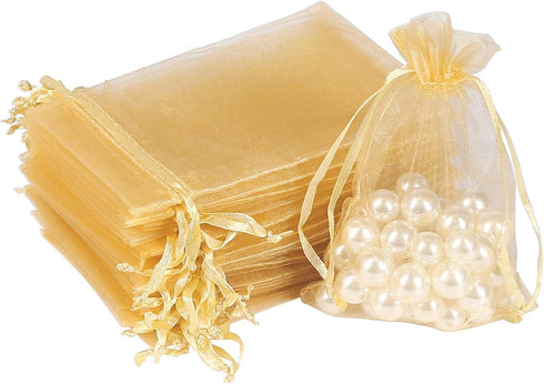 HRX Package 100pcs Gold Organza Gift Bags, 4 x 6 inch Candy Mesh Drawstring Favor Bags Jewelry Pouches for Christmas Wedding Party...
