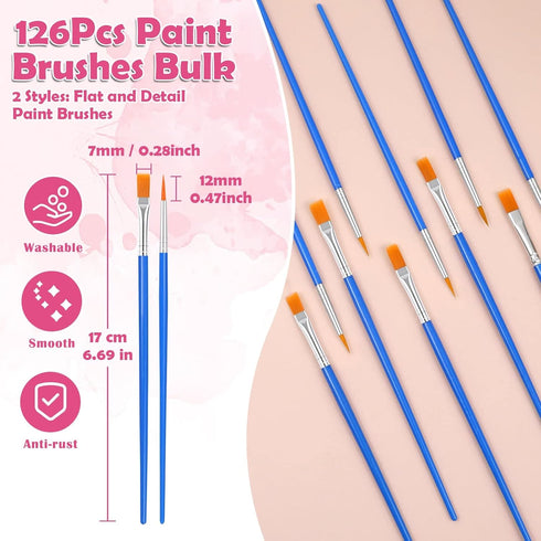 126 Pcs Small Paint Brushes Bulk, Kids Paint Brushes with Flat and Round Pointed Paint Brushes Set, Craft Brushes for Classroom Acrylic Oil Waterc...