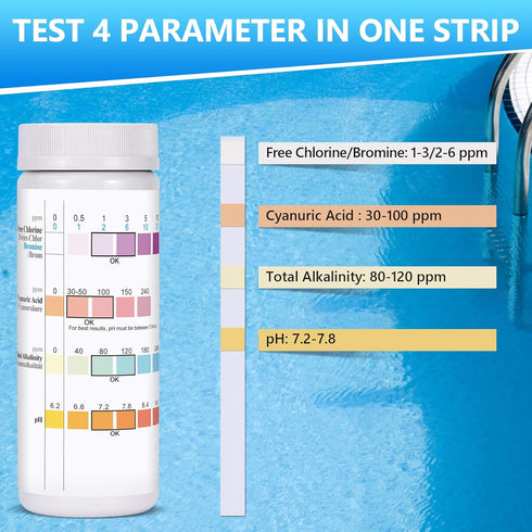 Pool Test Strips for Above Ground Pool: 150 Counts 4 in 1 Pool Spa Test Strips for Hot Tub Swimming Pool Test Kit Testing Chlorine, pH, Bromine, A...