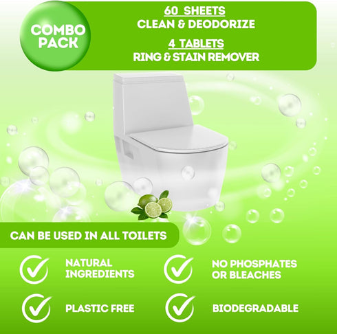 Toilet Bowl Cleaner Strips & Bathroom Descaler Tablets COMBO, 60 Toilet Cleaner Sheets & 4 Toilet Ring Remover Tablets, Biodegradable, Plastic Fre...