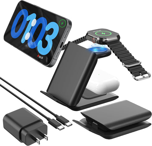 Wireless Charger Stand, 3 in 1 Foldable Fast Charging Station for Apple Multiple Devices, Compatible with iPhone 15/14/13/Pro Max/Pro/Plus/Mini, f...