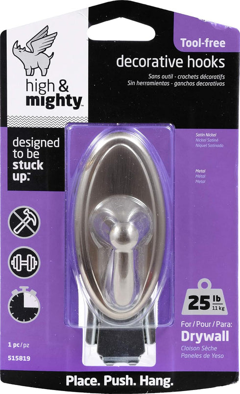 HIGH & MIGHTY 515819 Decorative Metal Hook, Easy Tool-Free Dry Wall Installation, Oval, Holds up to 25lb, Satin Nickel...